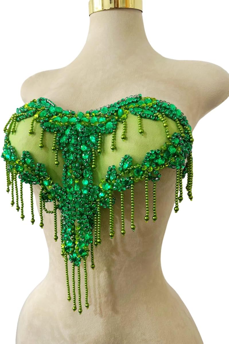 MOPISVN Handmade Crystal on lace Applique Sewing Rhinestones Fringe Beads Sequins Patches Trim Luxury Decoration Accessories for Wedding Dress 17X12.5inches (Light Green) - Image 2